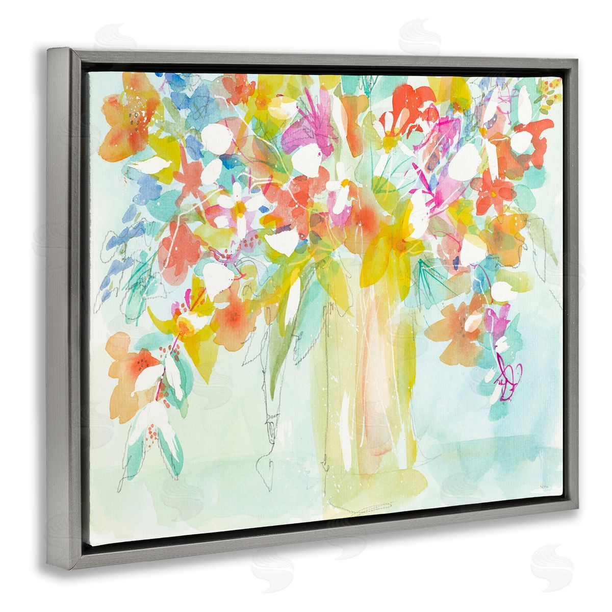 Bold Eclectic Bouquet Grey Floating Frame Canvas Wall Art, Home Decor by Krinlox