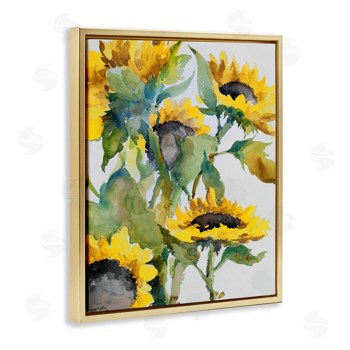 Bright Blooming Sunflowers Gold Floating Frame Canvas Wall Art, Home Decor by Theresa Heidel