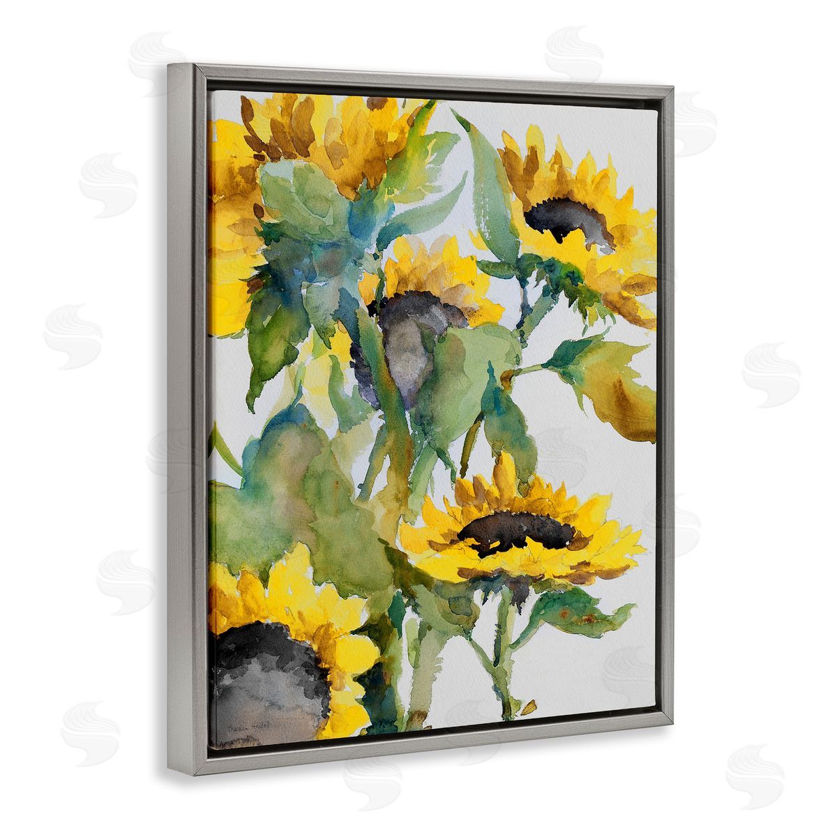 Bright Blooming Sunflowers Grey Floating Frame Canvas Wall Art, Home Decor by Theresa Heidel