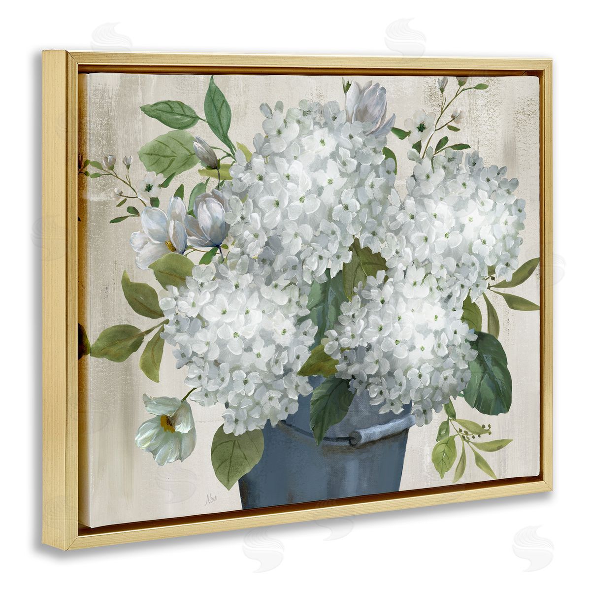 Country Hydrangea Vase Gold Floating Frame Canvas Wall Art, Home Decor by Nan