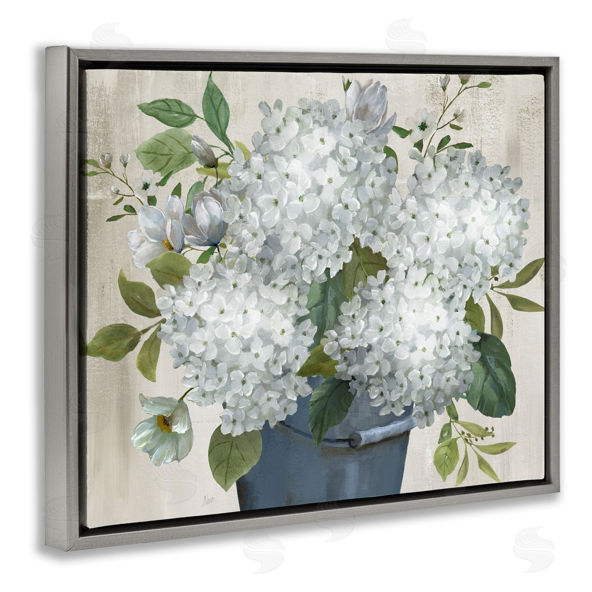 Country Hydrangea Vase Grey Floating Frame Canvas Wall Art, Home Decor by Nan