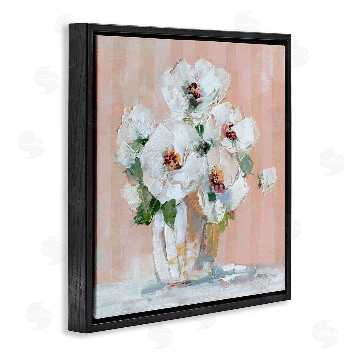 White Poppies on Pink Black Floating Frame Canvas Wall Art, Home Decor by Sally Swatland