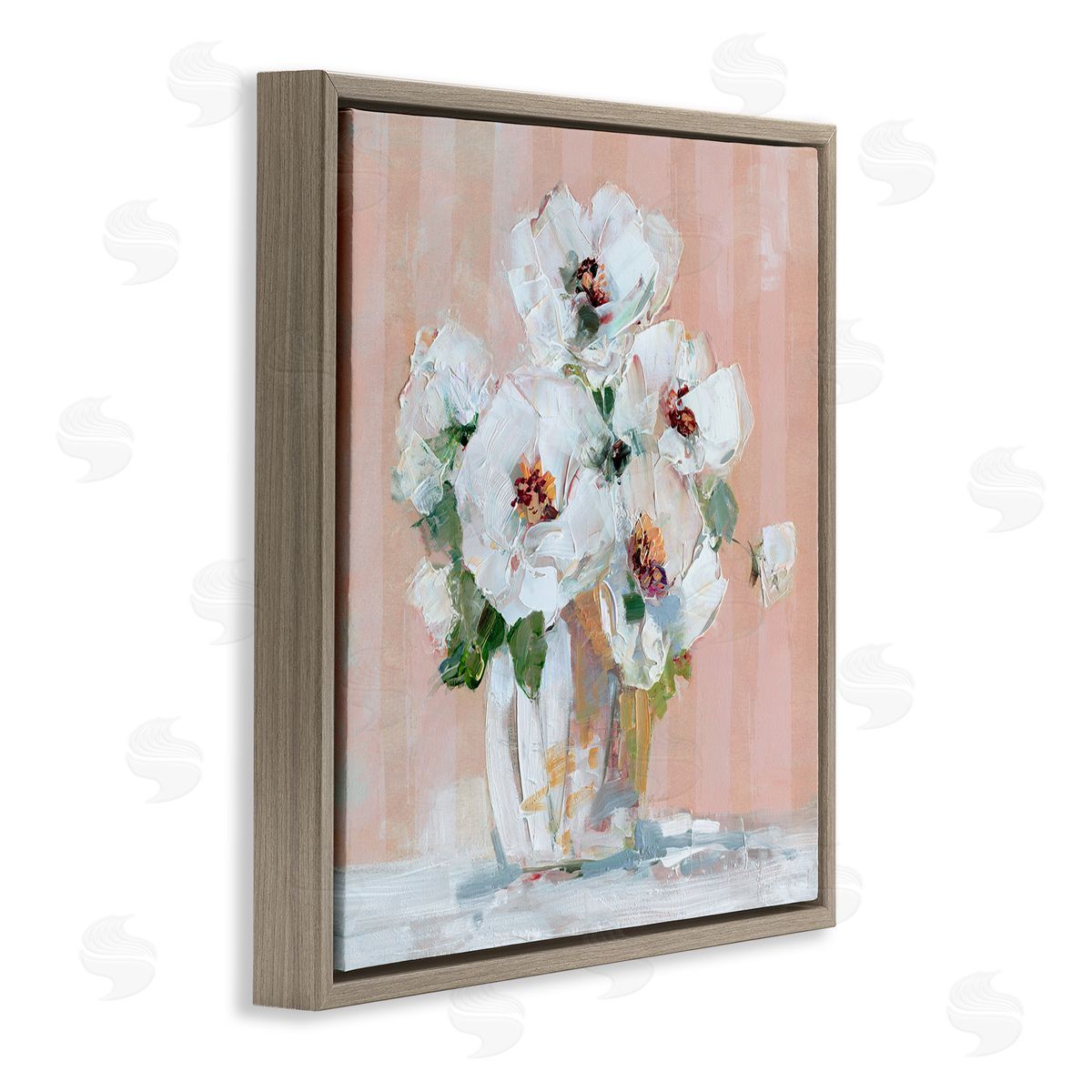 White Poppies on Pink Brown Floating Frame Canvas Wall Art, Home Decor by Sally Swatland