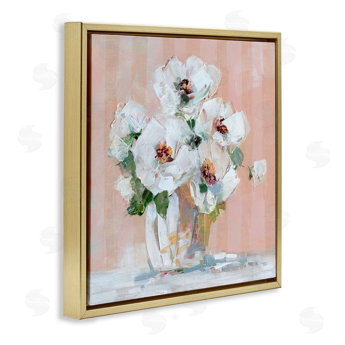 White Poppies on Pink Gold Floating Frame Canvas Wall Art, Home Decor by Sally Swatland