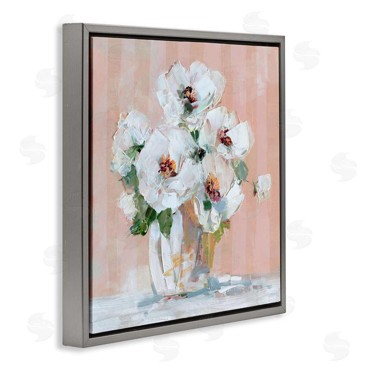White Poppies on Pink Grey Floating Frame Canvas Wall Art, Home Decor by Sally Swatland