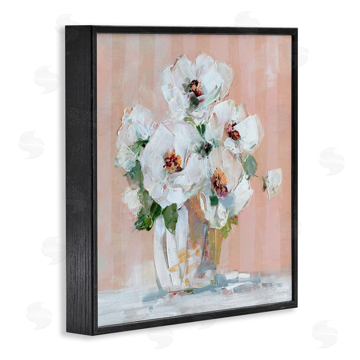 White Poppies on Pink Black Frame Print Wall Art, Home Decor by Sally Swatland
