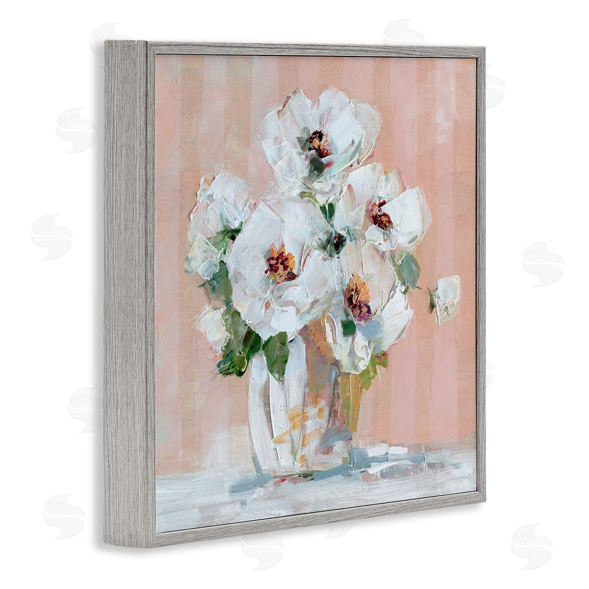 White Poppies on Pink Grey Frame Print Wall Art, Home Decor by Sally Swatland