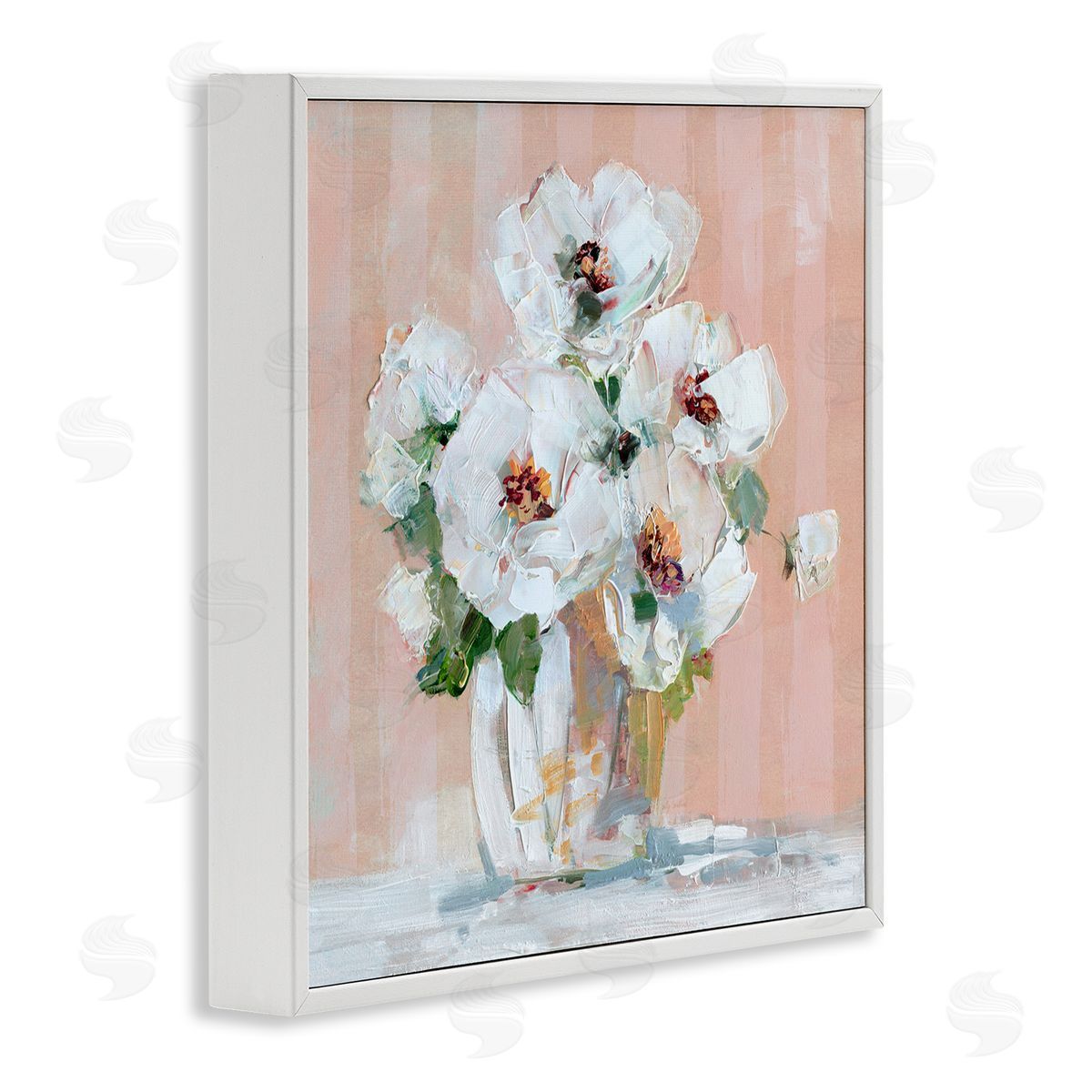 White Poppies on Pink White Frame Print Wall Art, Home Decor by Sally Swatland