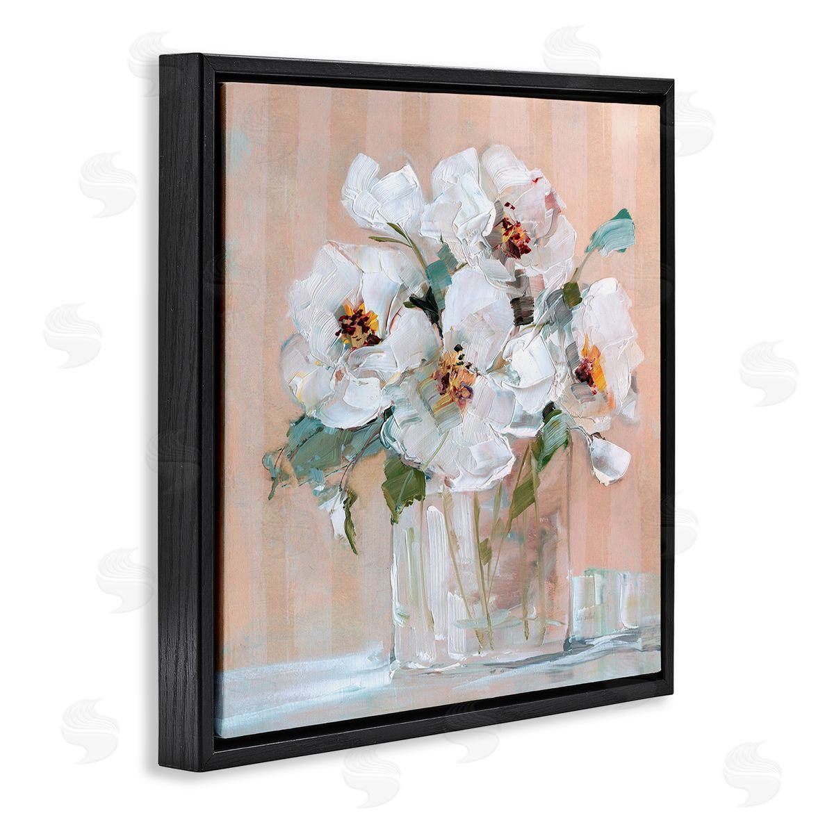White Florals on Pink Black Floating Frame Canvas Wall Art, Home Decor by Sally Swatland