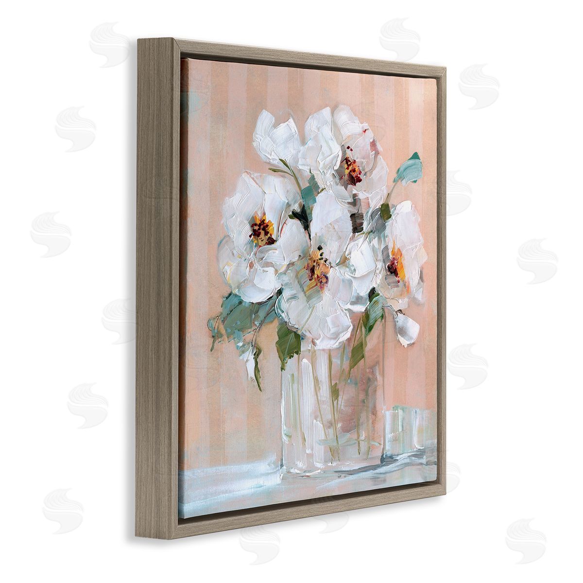 White Florals on Pink Brown Floating Frame Canvas Wall Art, Home Decor by Sally Swatland