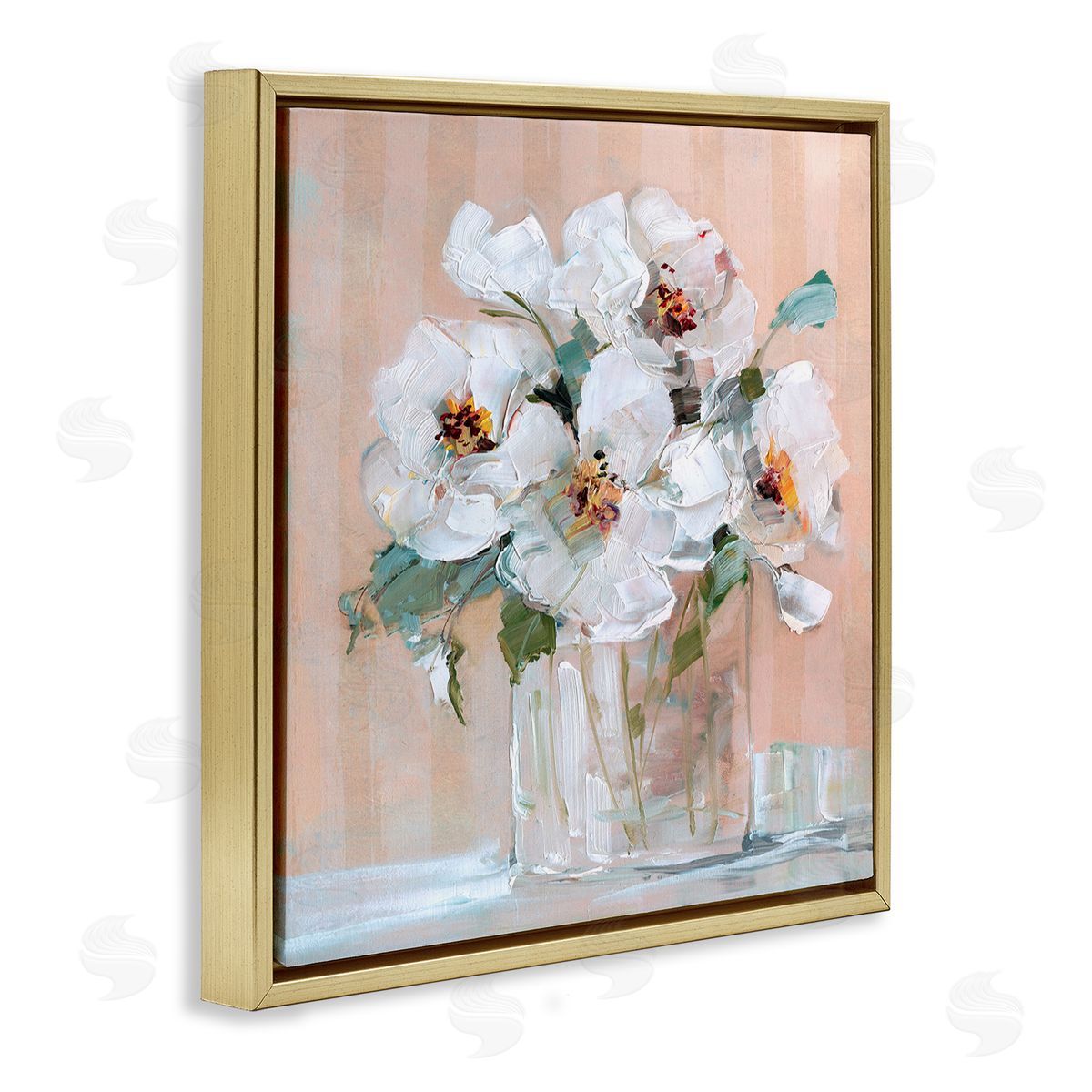 White Florals on Pink Gold Floating Frame Canvas Wall Art, Home Decor by Sally Swatland