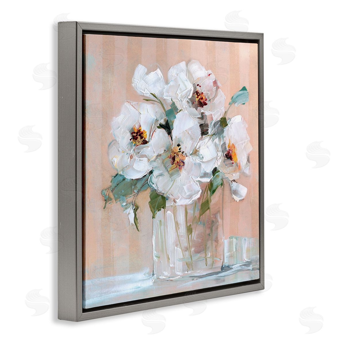White Florals on Pink Grey Floating Frame Canvas Wall Art, Home Decor by Sally Swatland