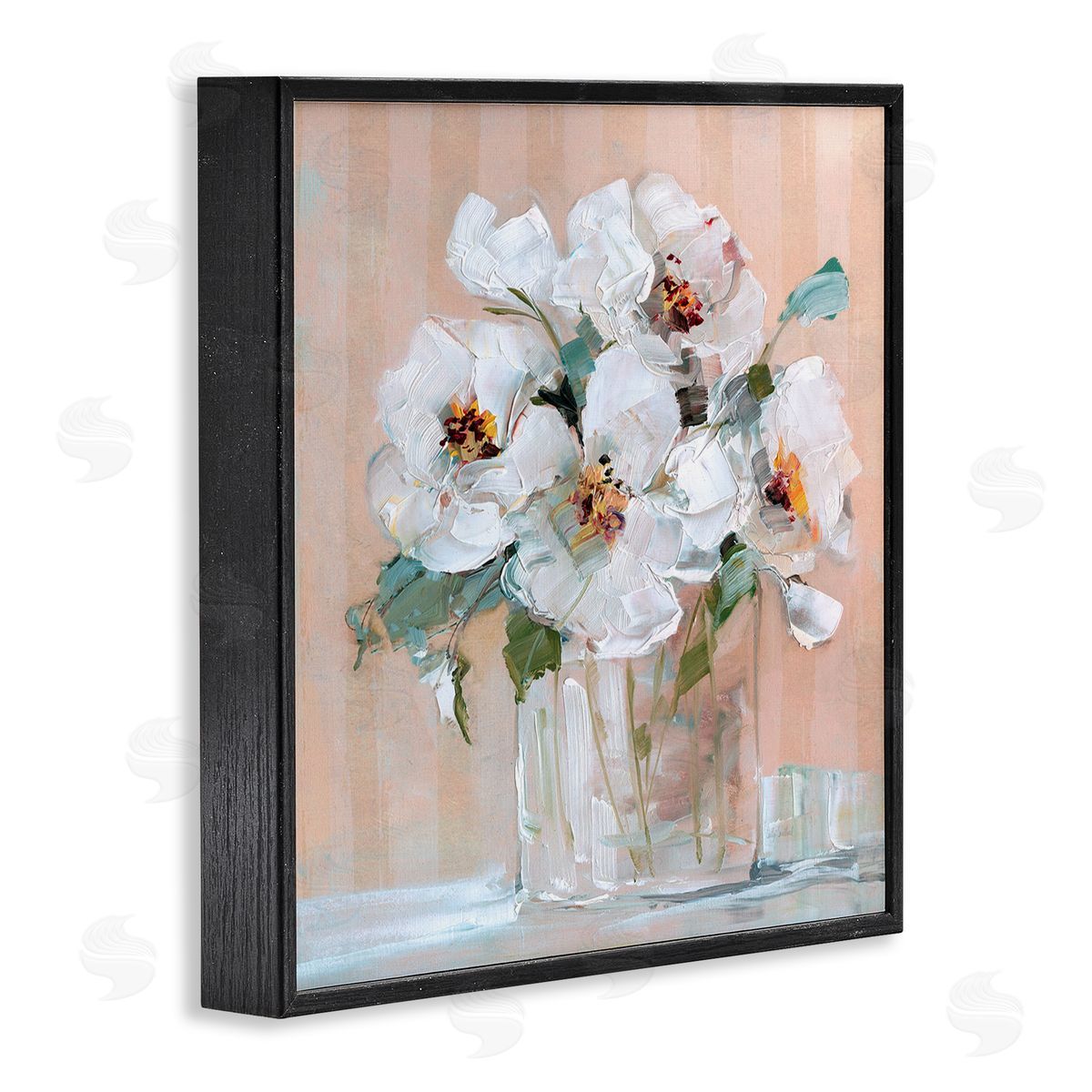 White Florals on Pink Black Frame Print Wall Art, Home Decor by Sally Swatland
