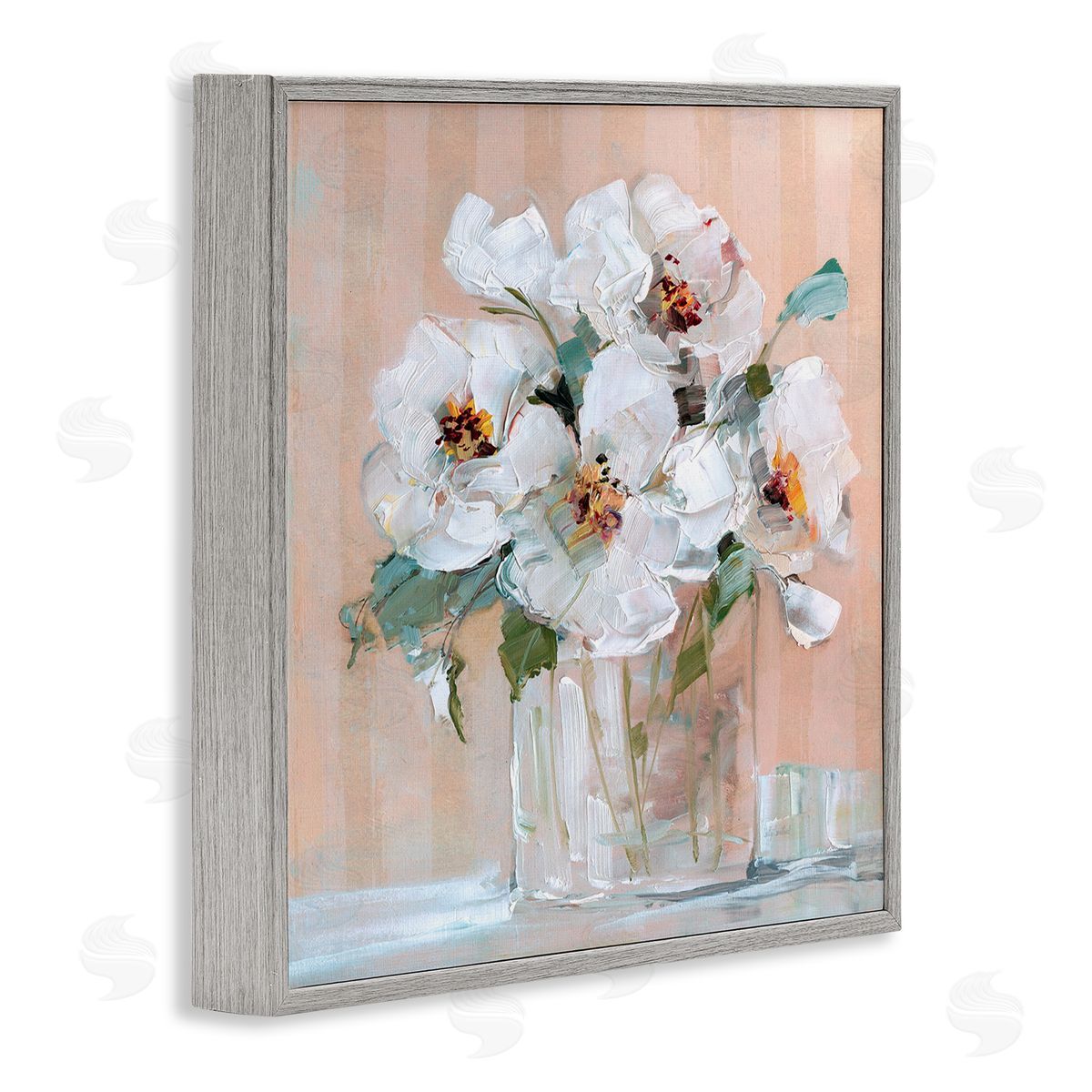 White Florals on Pink Grey Frame Print Wall Art, Home Decor by Sally Swatland