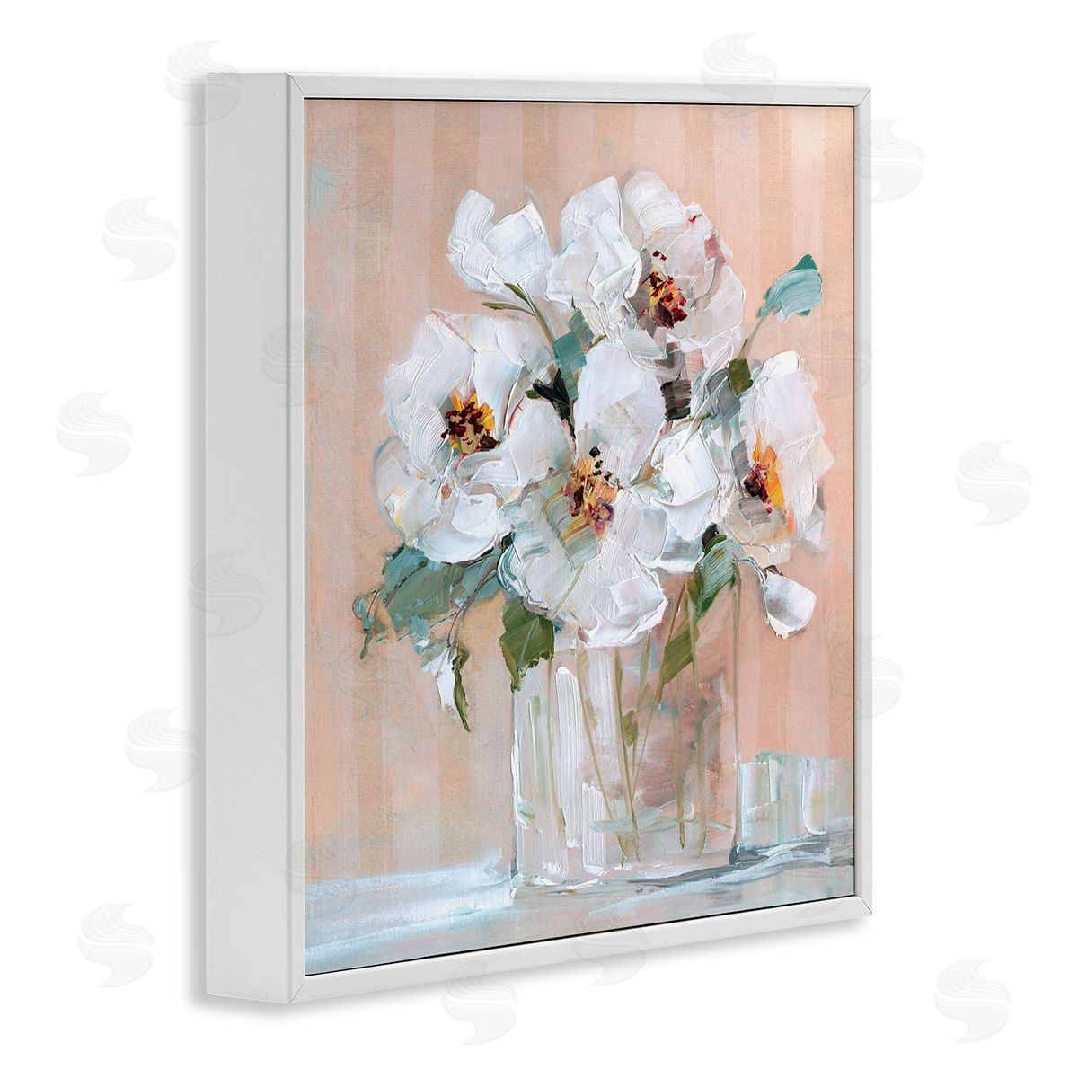 White Florals on Pink White Frame Print Wall Art, Home Decor by Sally Swatland