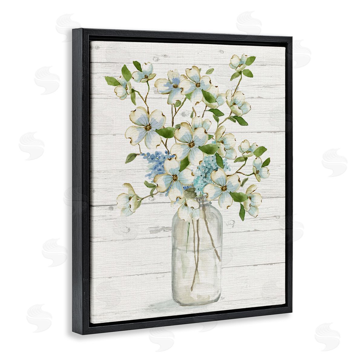 Soft Dogwood Bouquet Black Floating Frame Canvas Wall Art, Home Decor by Nan