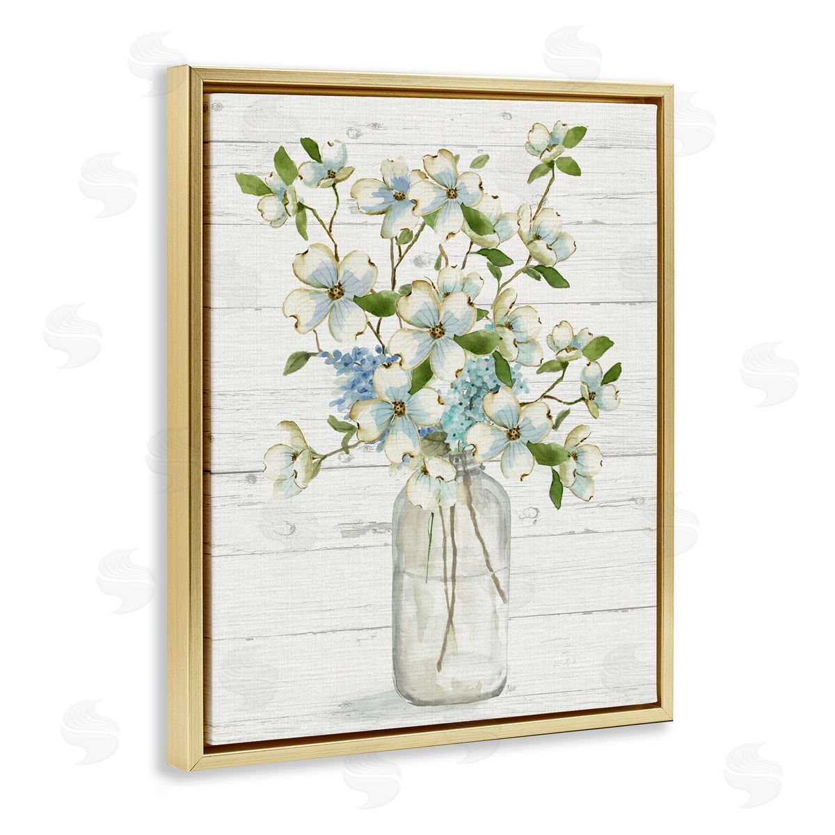 Soft Dogwood Bouquet Gold Floating Frame Canvas Wall Art, Home Decor by Nan