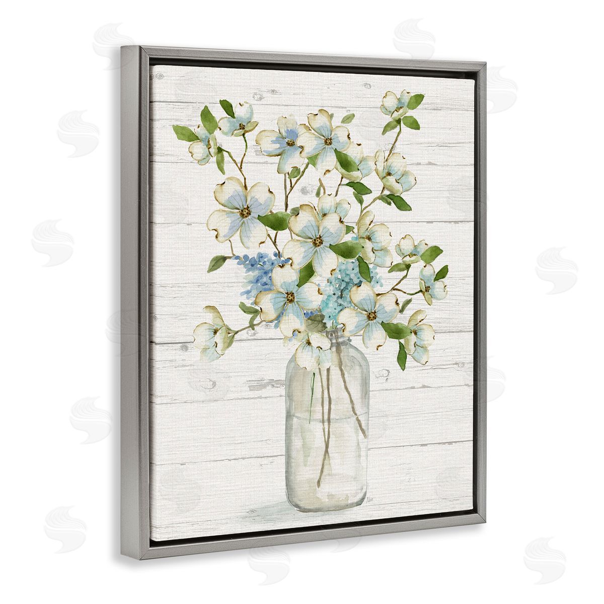 Soft Dogwood Bouquet Grey Floating Frame Canvas Wall Art, Home Decor by Nan
