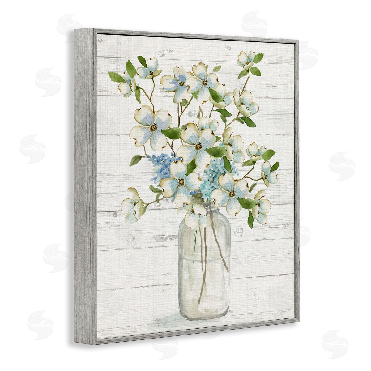 Soft Dogwood Bouquet Grey Frame Print Wall Art, Home Decor by Nan