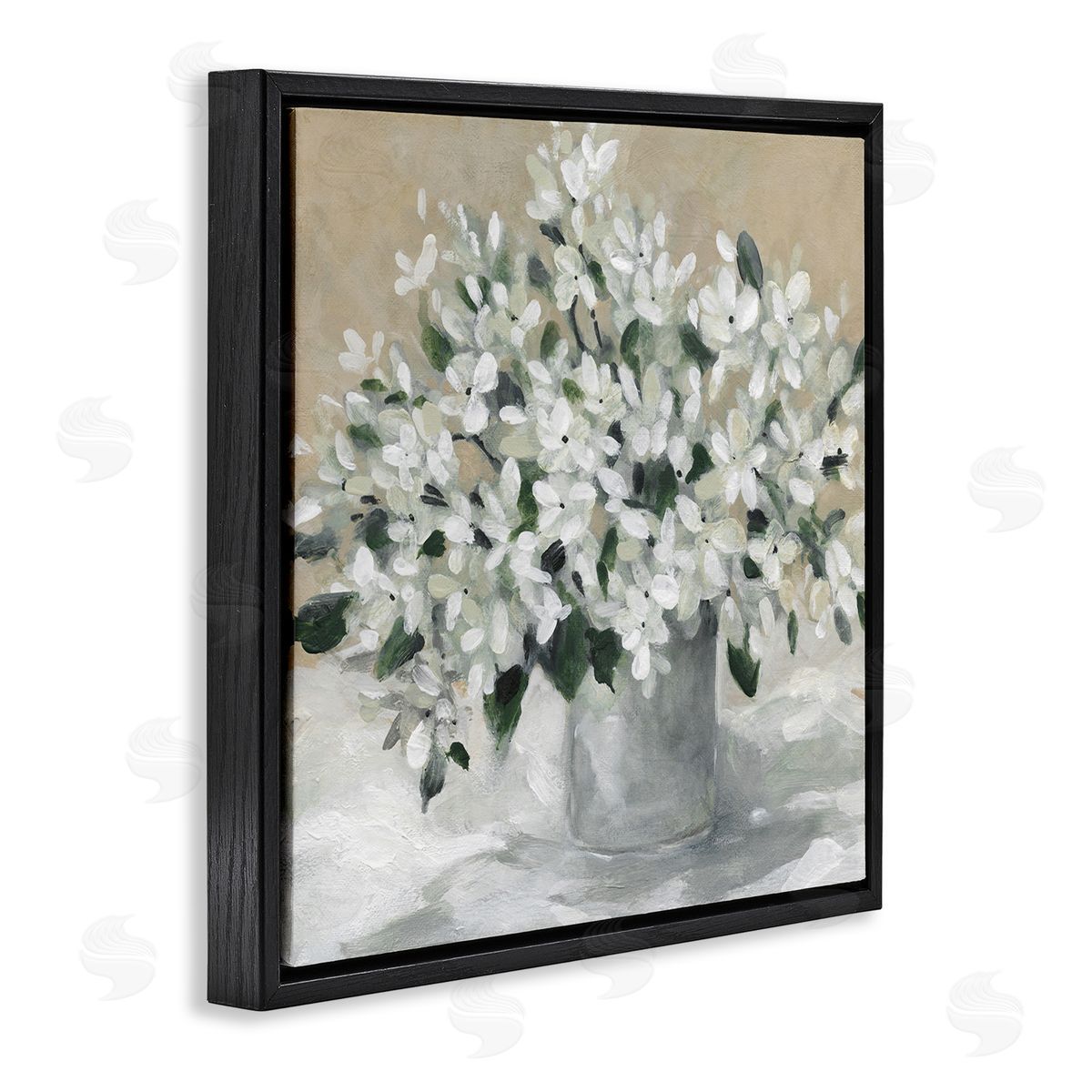 Potted White Blooms Black Floating Frame Canvas Wall Art, Home Decor by Carol Robinson