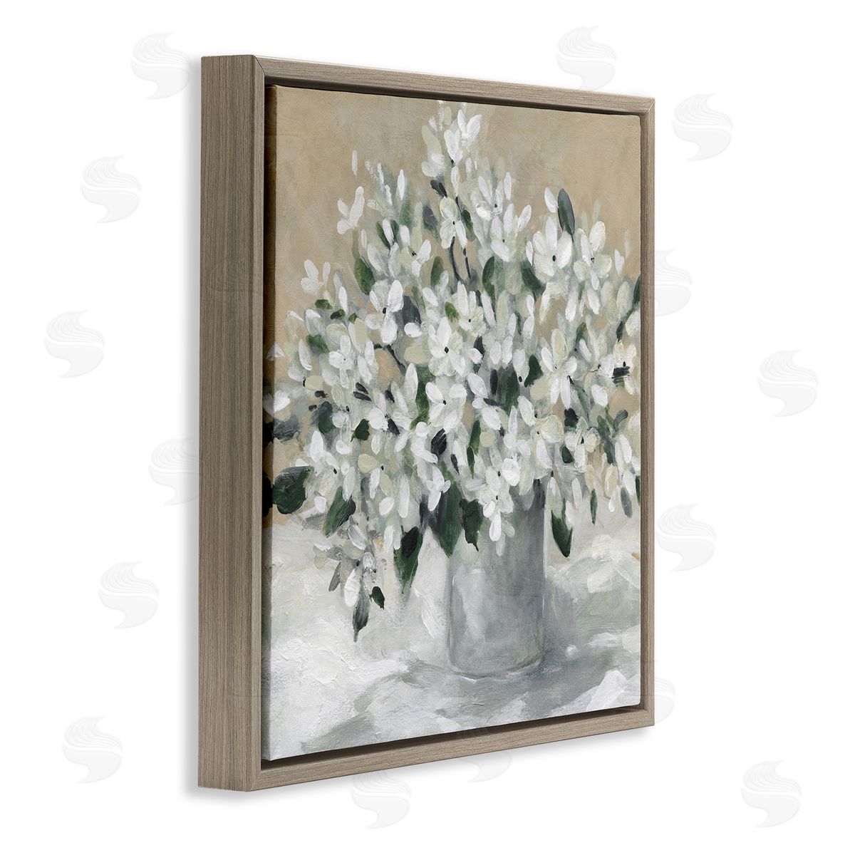 Potted White Blooms Brown Floating Frame Canvas Wall Art, Home Decor by Carol Robinson