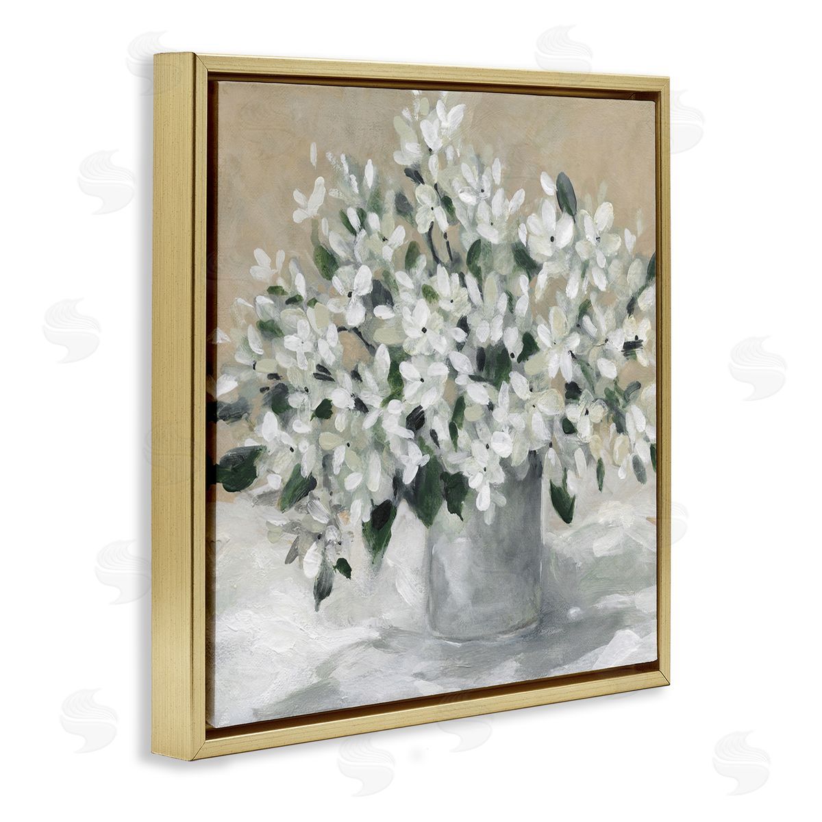 Potted White Blooms Gold Floating Frame Canvas Wall Art, Home Decor by Carol Robinson