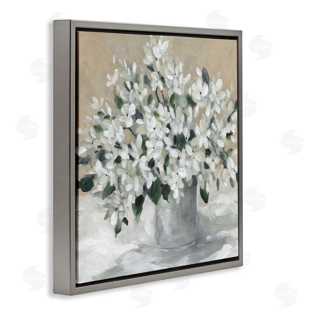 Potted White Blooms Grey Floating Frame Canvas Wall Art, Home Decor by Carol Robinson