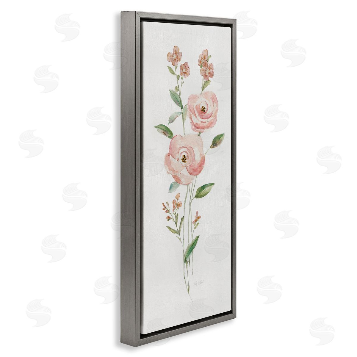 Soft Rose Sprigs Grey Floating Frame Canvas Wall Art, Home Decor by Sally Swatland