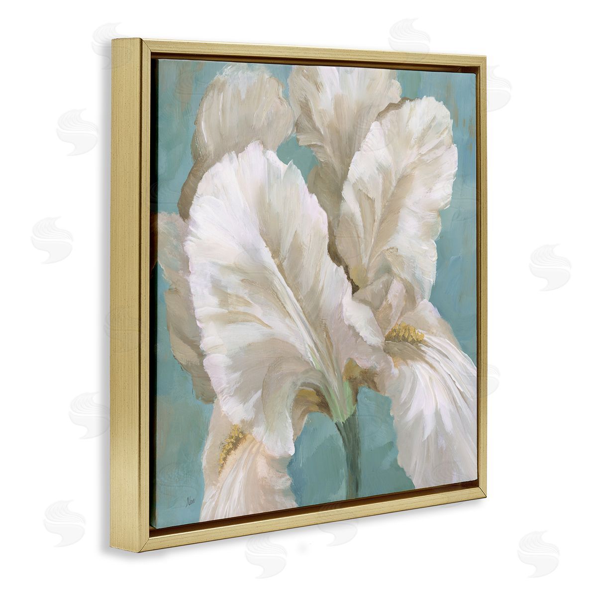 White Iris Petals Gold Floating Frame Canvas Wall Art, Home Decor by Nan