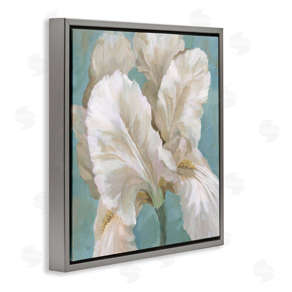 White Iris Petals Grey Floating Frame Canvas Wall Art, Home Decor by Nan