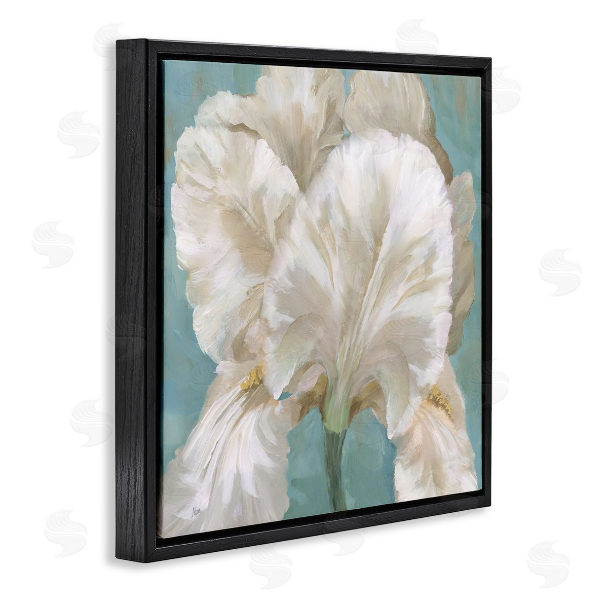 White Iris on Blue Black Floating Frame Canvas Wall Art, Home Decor by Nan