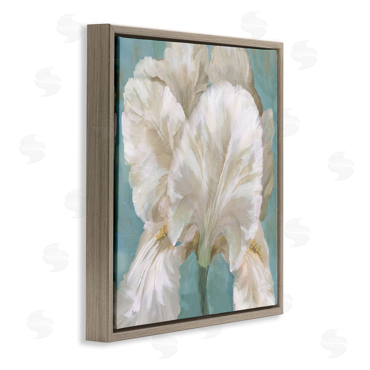 White Iris on Blue Brown Floating Frame Canvas Wall Art, Home Decor by Nan