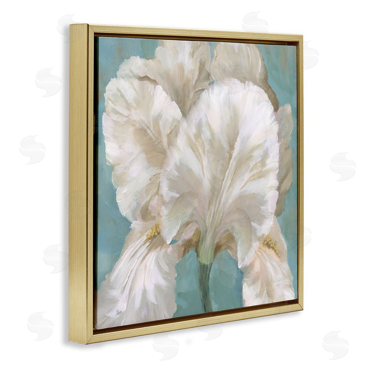 White Iris on Blue Gold Floating Frame Canvas Wall Art, Home Decor by Nan