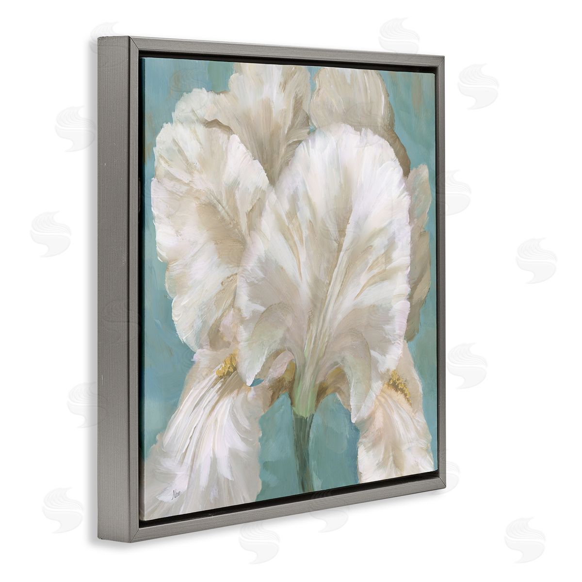 White Iris on Blue Grey Floating Frame Canvas Wall Art, Home Decor by Nan