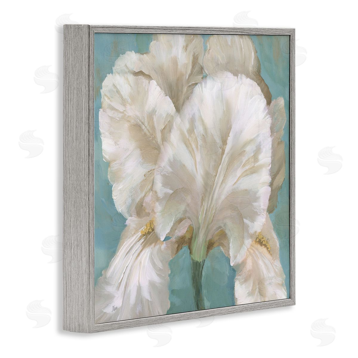 White Iris on Blue Grey Frame Print Wall Art, Home Decor by Nan