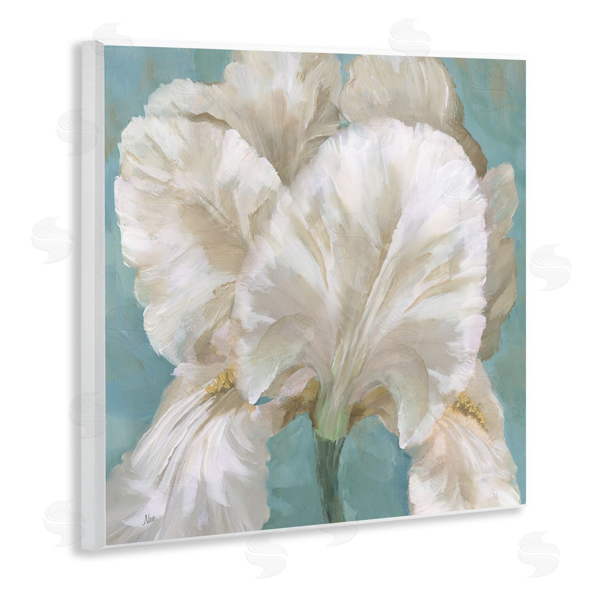 White Iris on Blue Wood Plaque Wall Art, Home Decor by Nan