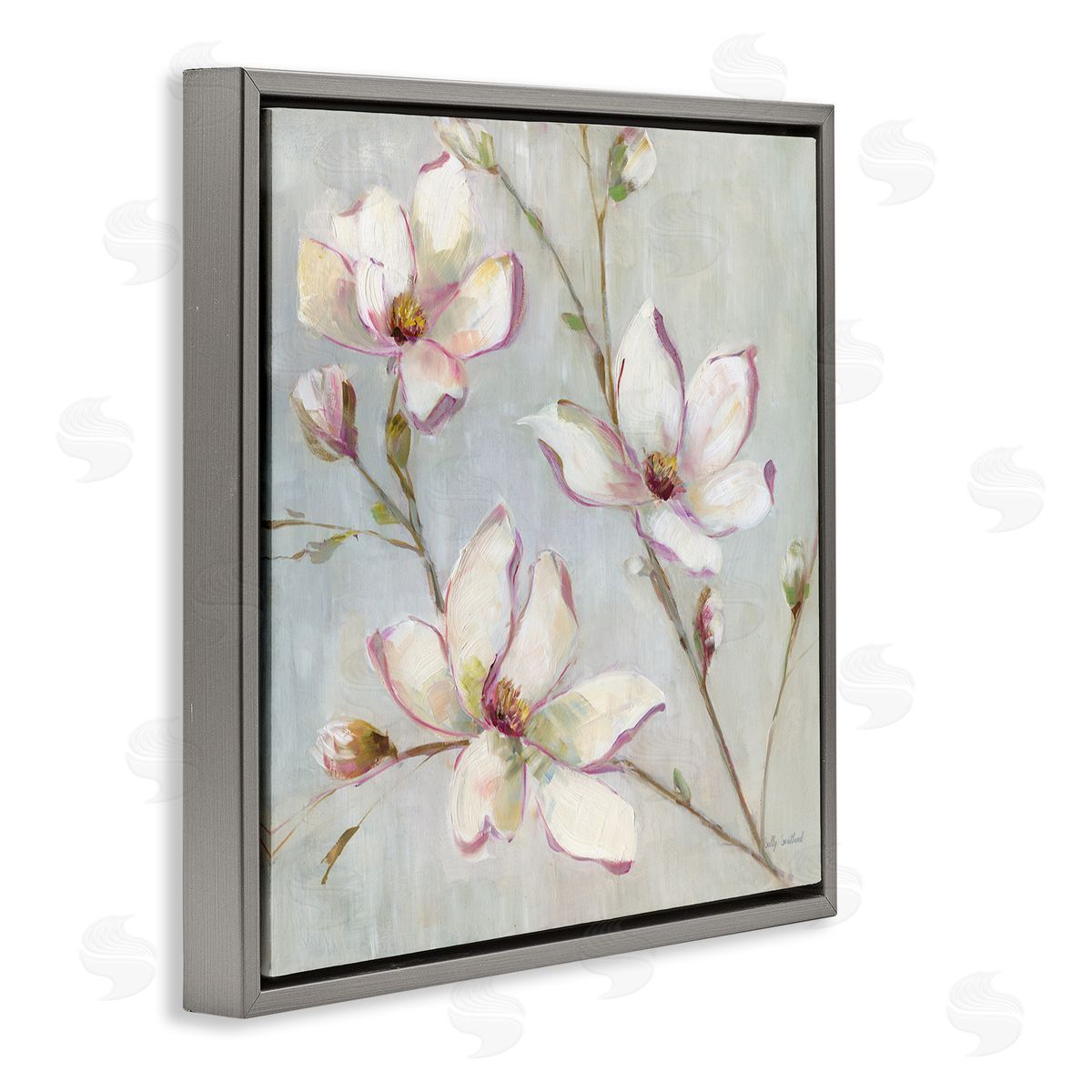 Traditional Apple Blossoms Grey Floating Frame Canvas Wall Art, Home Decor by Sally Swatland