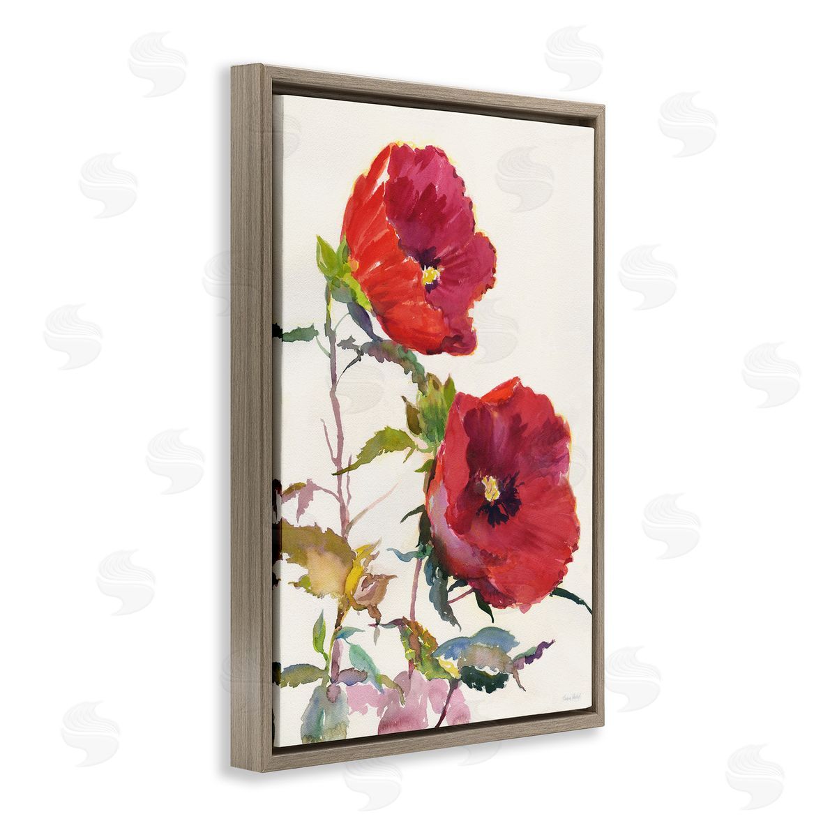Bold Red Poppies Brown Floating Frame Canvas Wall Art, Home Decor by Theresa Heidel