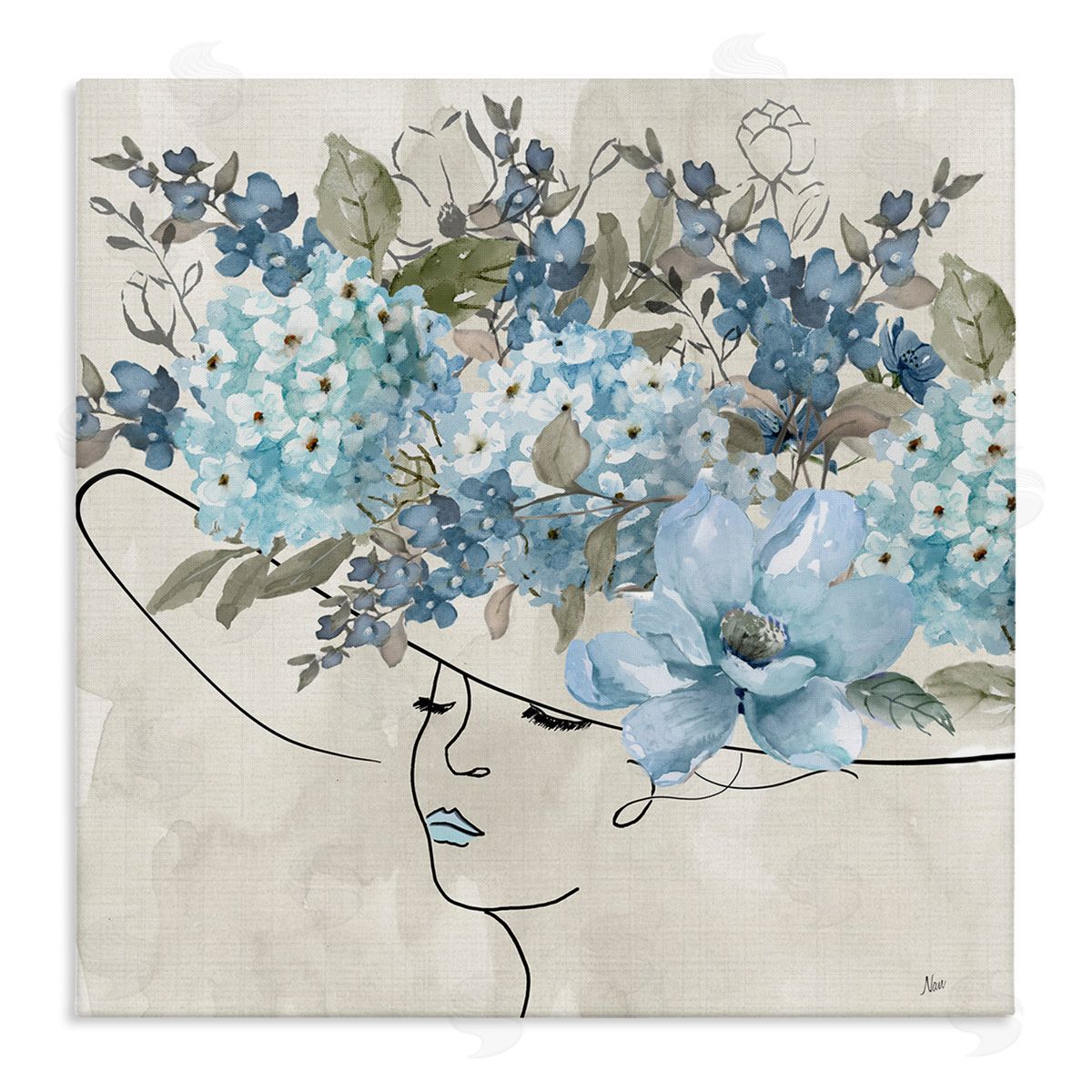 Blue Floral Hat Canvas Wall Art, Home Decor by Nan