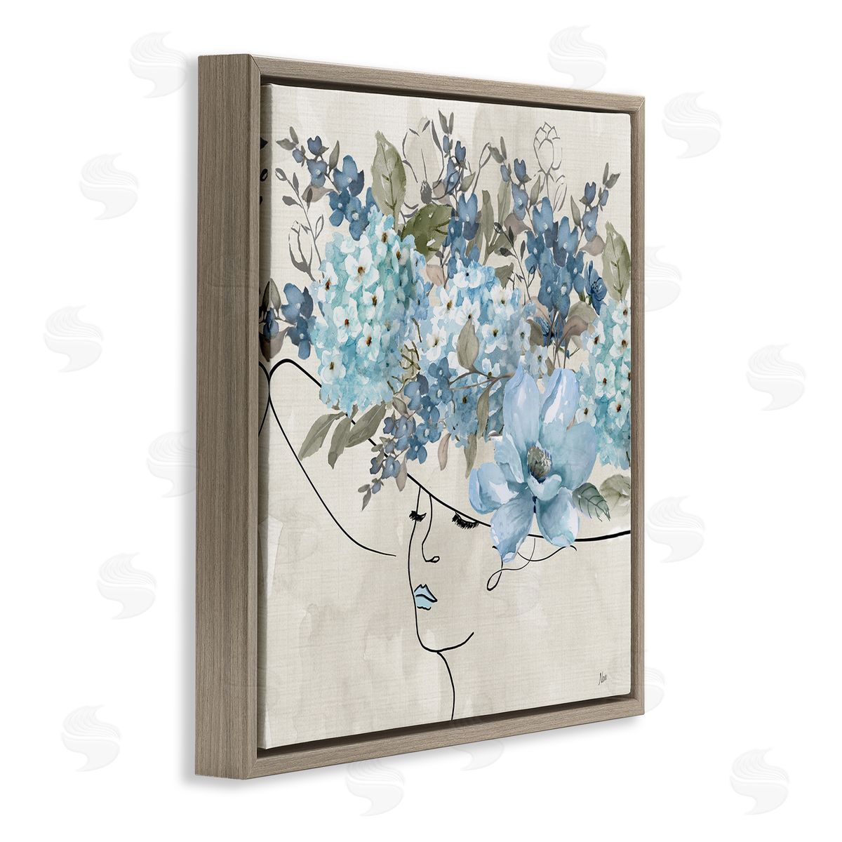 Blue Floral Hat Brown Floating Frame Canvas Wall Art, Home Decor by Nan