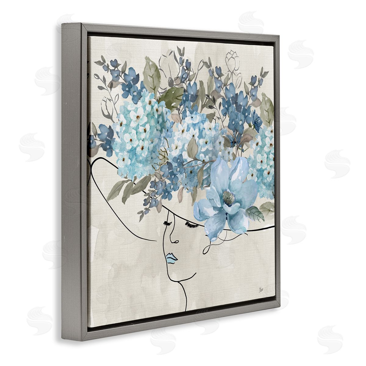 Blue Floral Hat Grey Floating Frame Canvas Wall Art, Home Decor by Nan