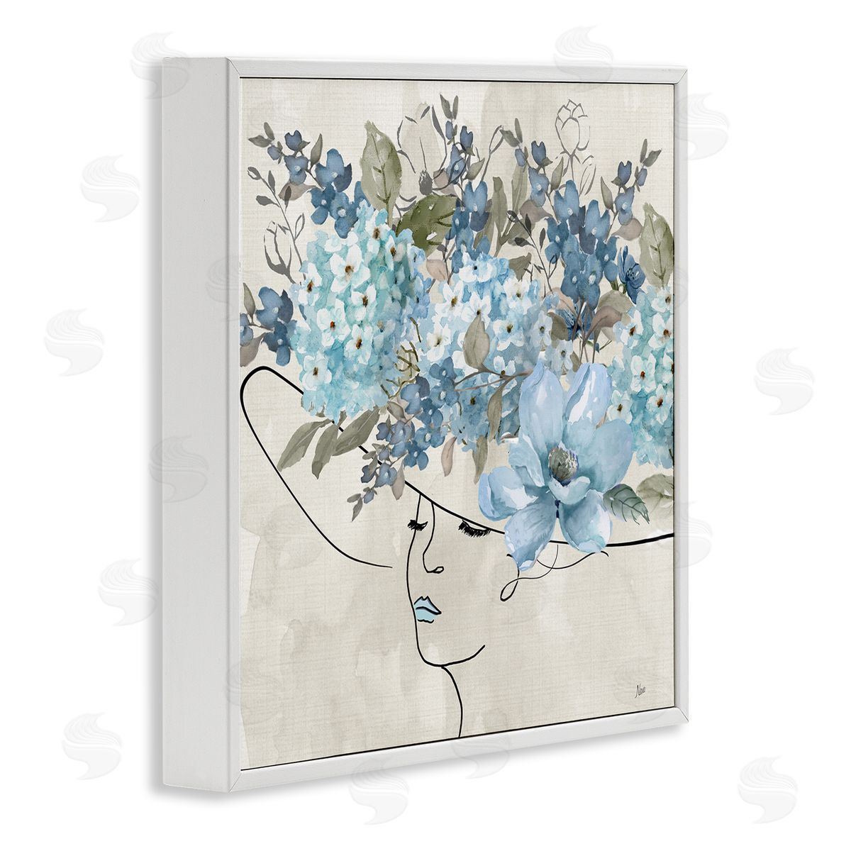 Blue Floral Hat White Frame Print Wall Art, Home Decor by Nan