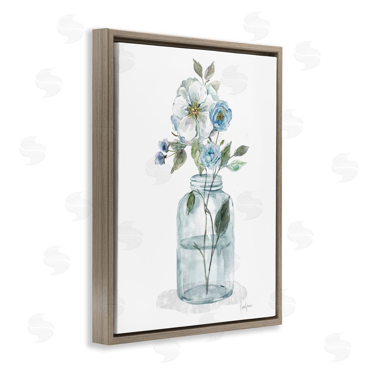 Soft Blue and White Flowers Brown Floating Frame Canvas Wall Art, Home Decor by Livi Finn