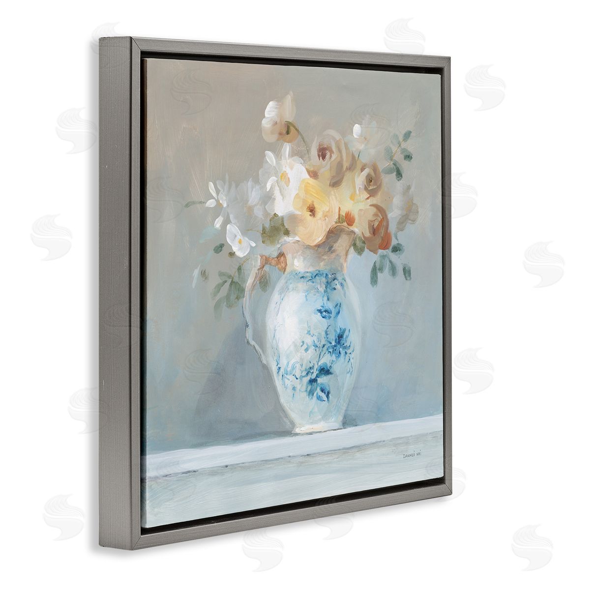 Heirloom Flower Bouquet Grey Floating Frame Canvas Wall Art, Home Decor by Danhui Nai