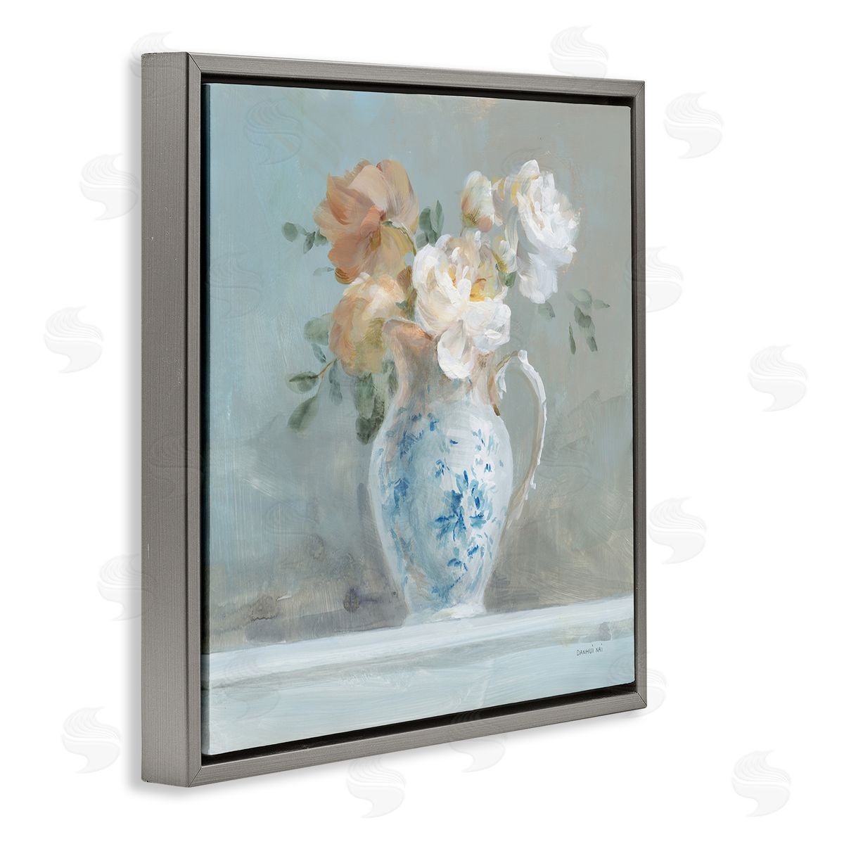 Heirloom Floral Bouquet Grey Floating Frame Canvas Wall Art, Home Decor by Danhui Nai