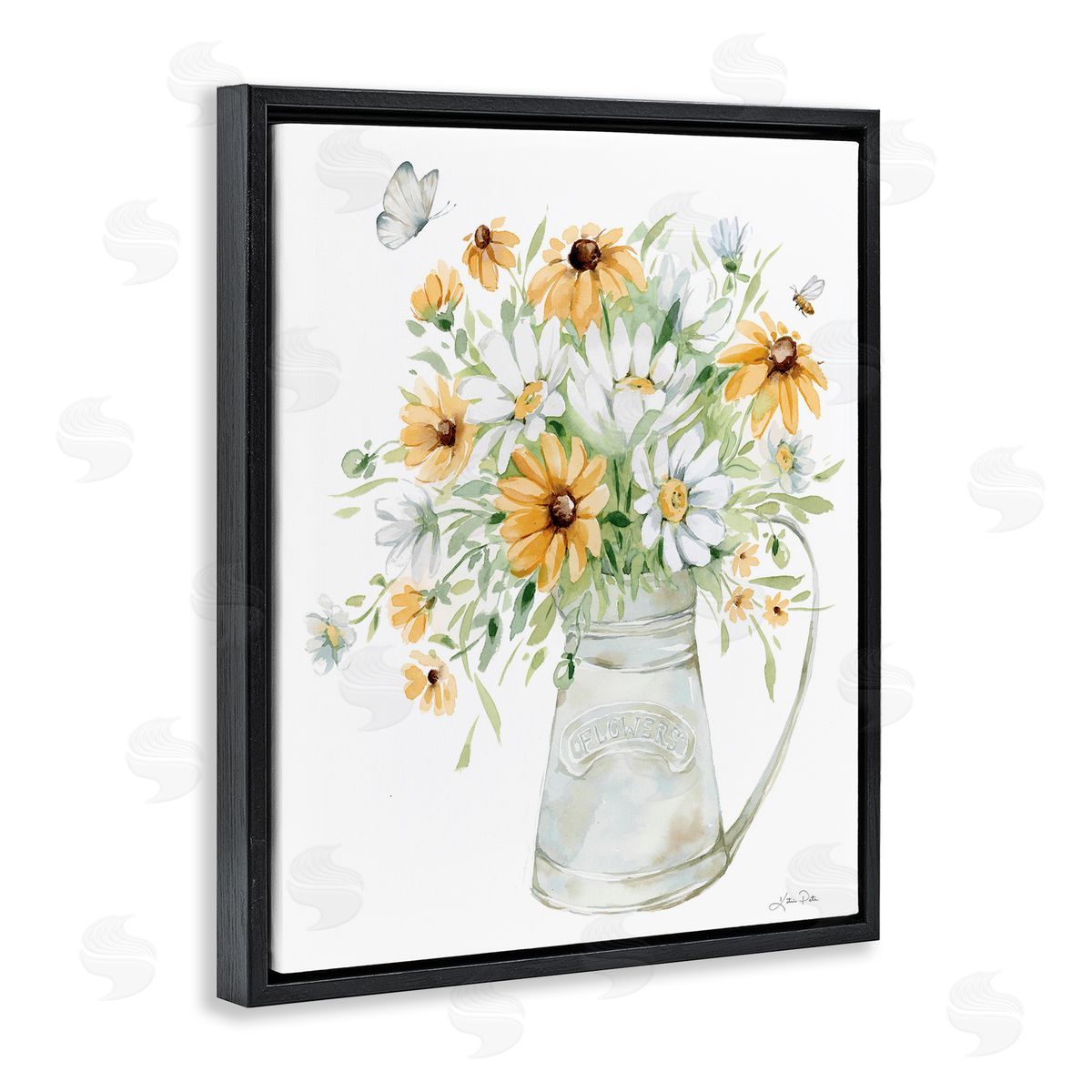 Sunflowers and Daisies Vase Black Floating Frame Canvas Wall Art, Home Decor by Katrina Pete