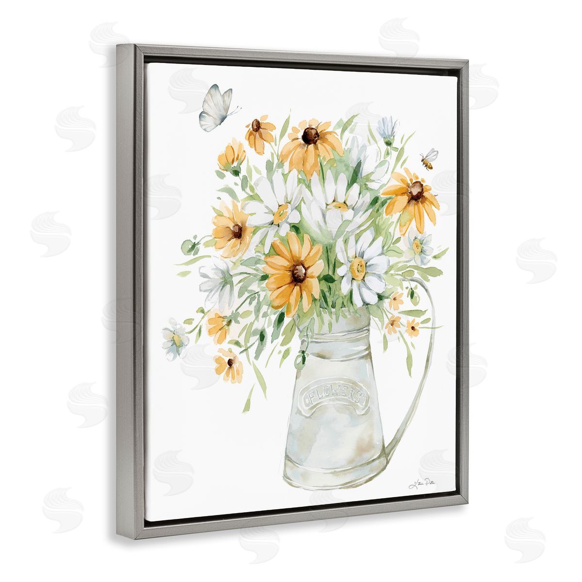 Sunflowers and Daisies Vase Grey Floating Frame Canvas Wall Art, Home Decor by Katrina Pete