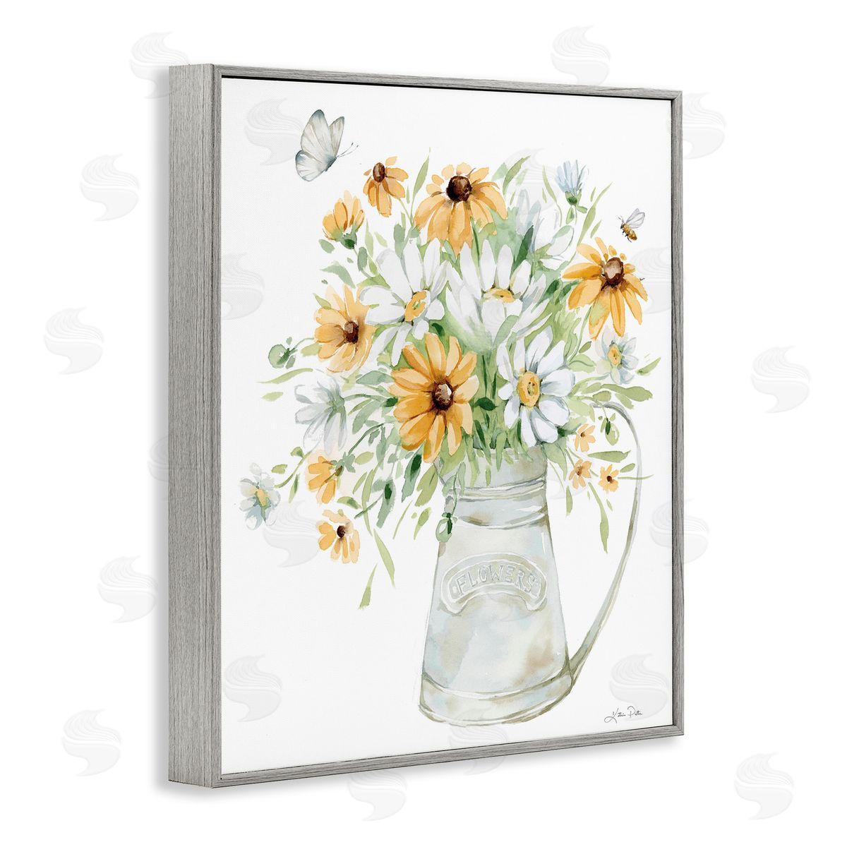 Sunflowers and Daisies Vase Grey Frame Print Wall Art, Home Decor by Katrina Pete