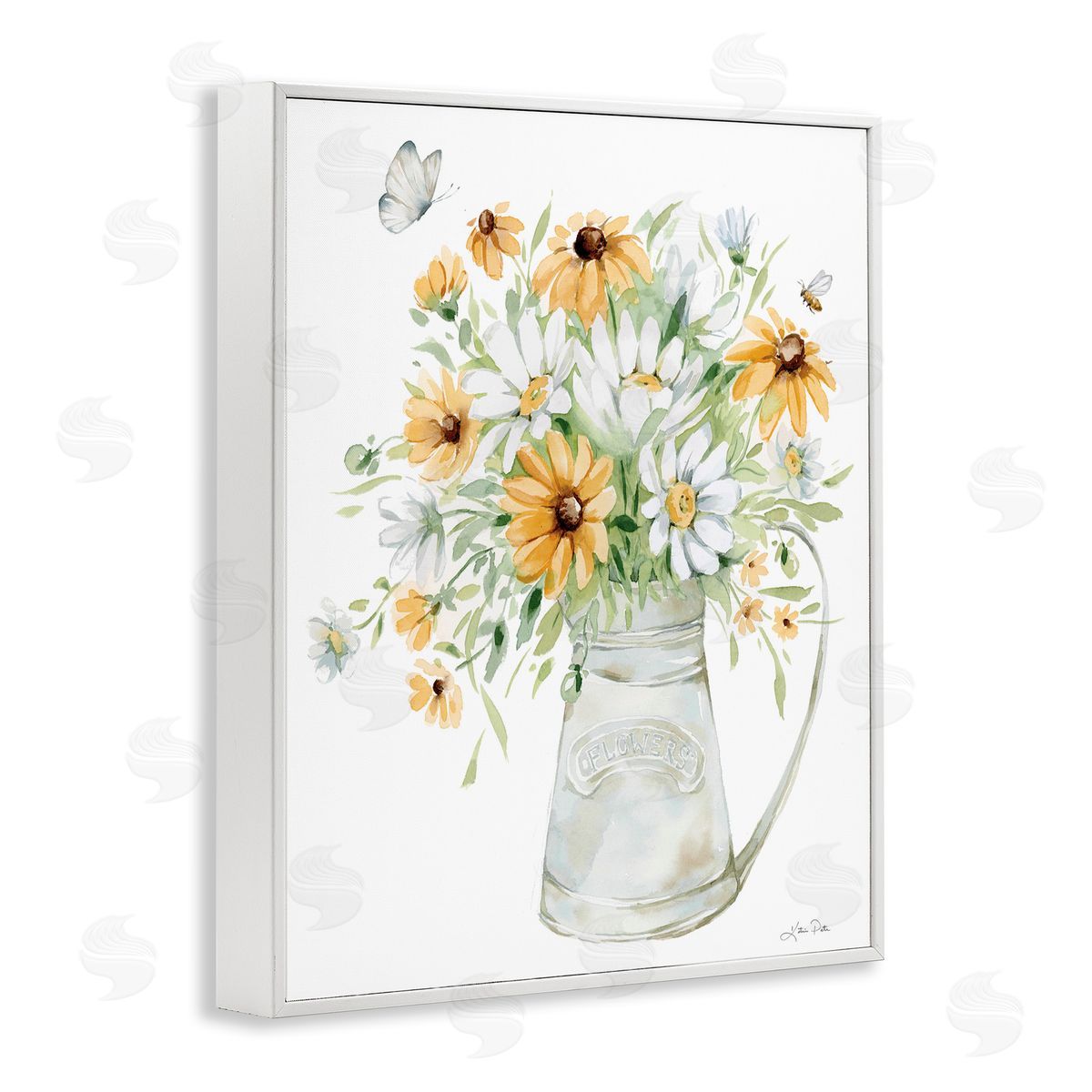 Sunflowers and Daisies Vase White Frame Print Wall Art, Home Decor by Katrina Pete