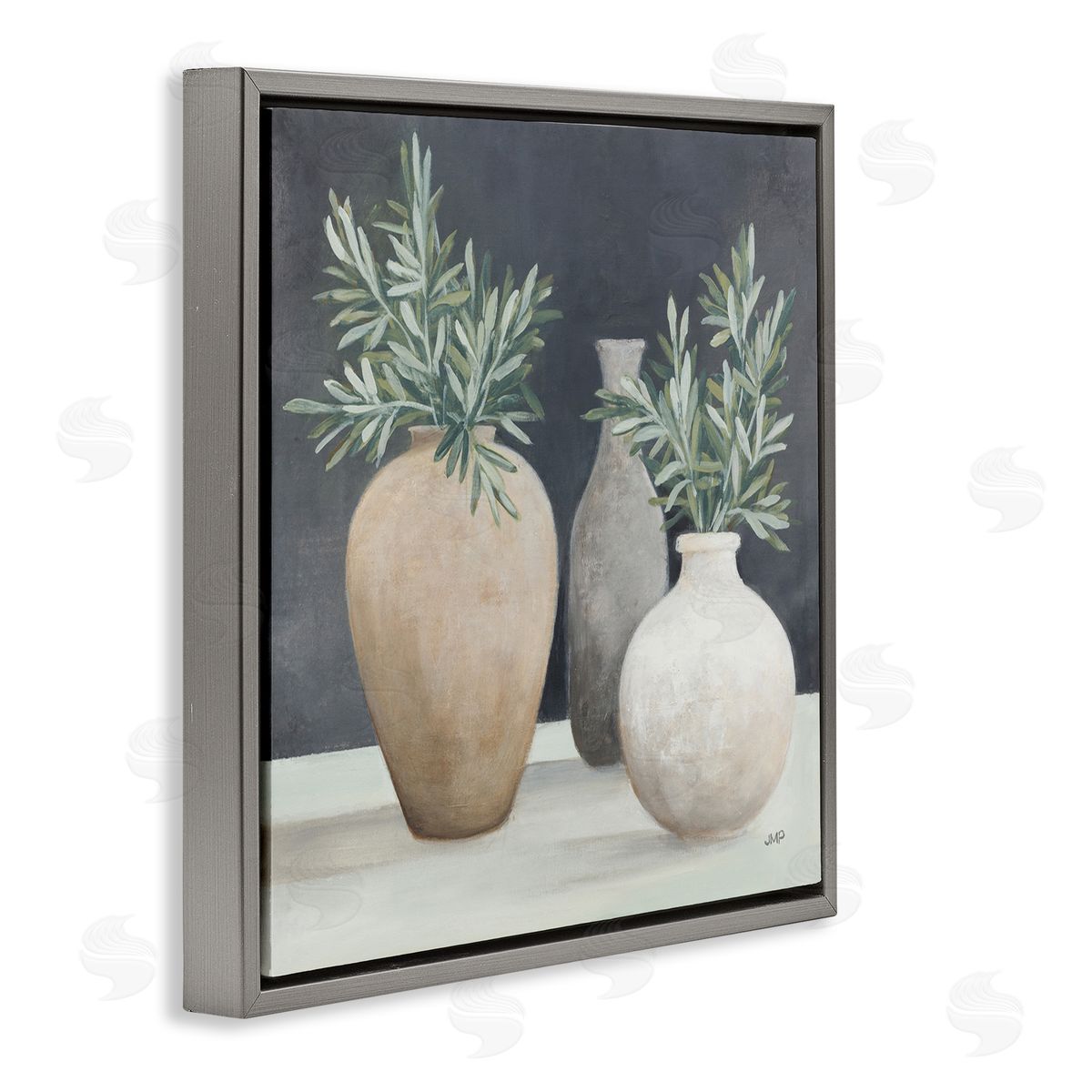Julia Purinton Botanical Pottery Vessels Gray Floating Frame Canvas Wall Art Print